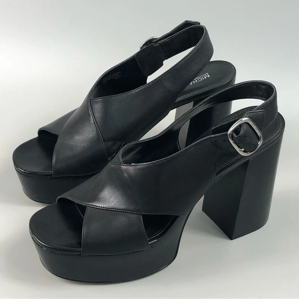 MICHAEL Michael Kors Black Leather Platform Slingback Sandals - Picture 6 of 11